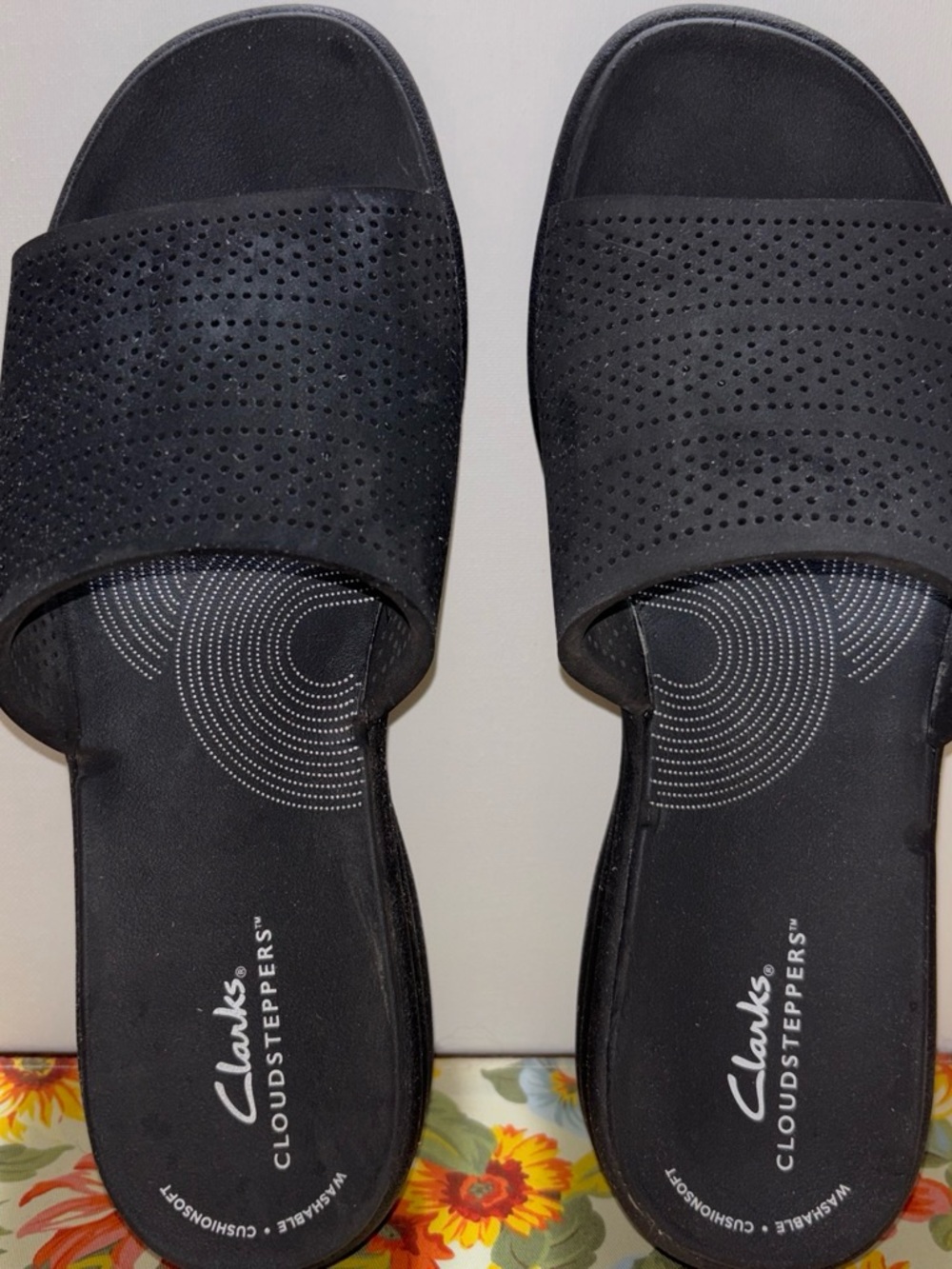 Clarks Black Perforated Slide Sandals